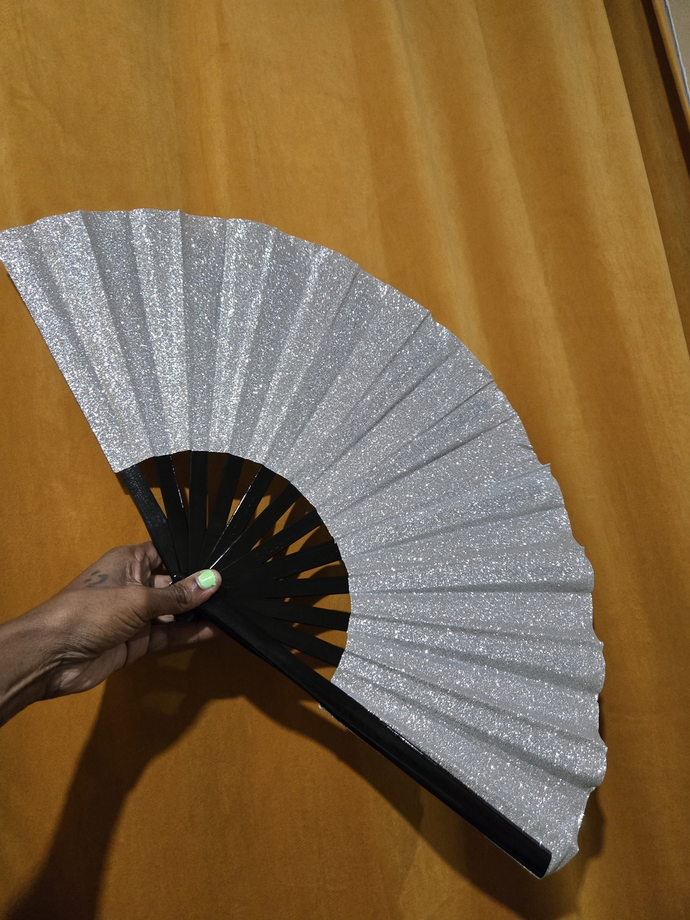 Silver Glitter Folding Hand Fan with Black Frame
